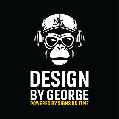Logo of a monkey with headphones and sunglasses on a black background, featuring 'Design by George' text.