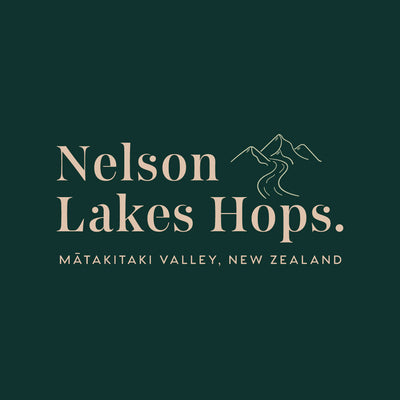 Nelson Lakes Hops logo with mountain illustration on a green background